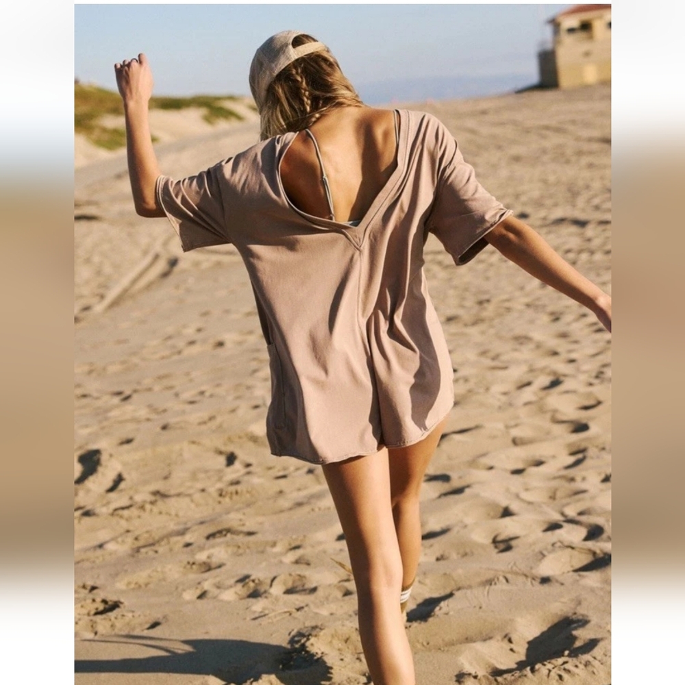 Free People FP Movement Women's Hot Shot Tee Romper Tan Jumpsuit Mocha Latte - Picture 2 of 16